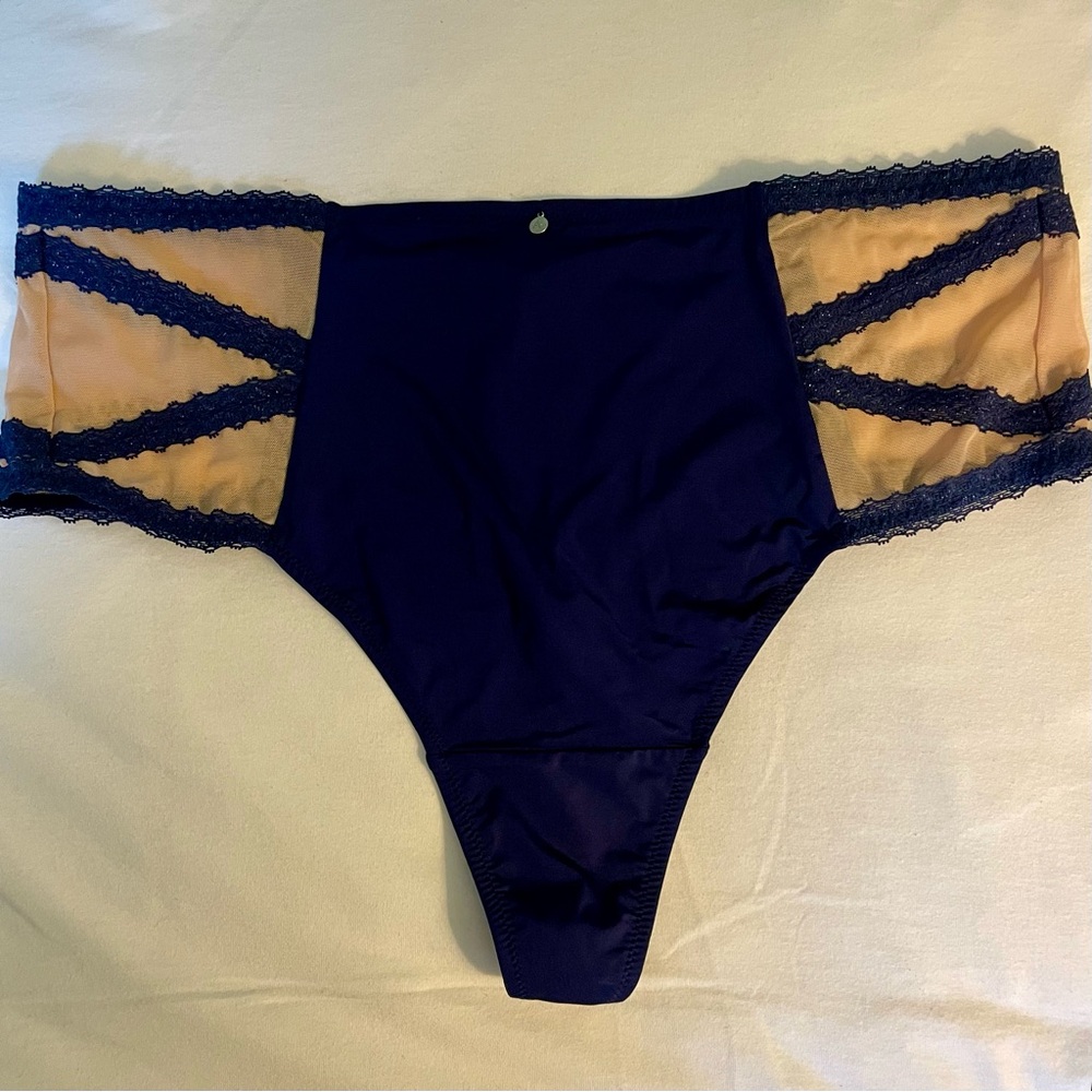NWT- Adore Me Navy and Nude Lace Thong Panty -1X